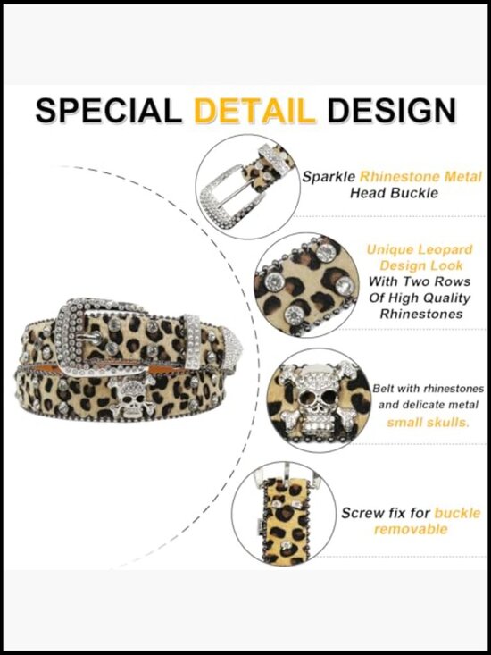 Rhinestone Skull Leopard Belt with Studded Skulls and Metal Buckle